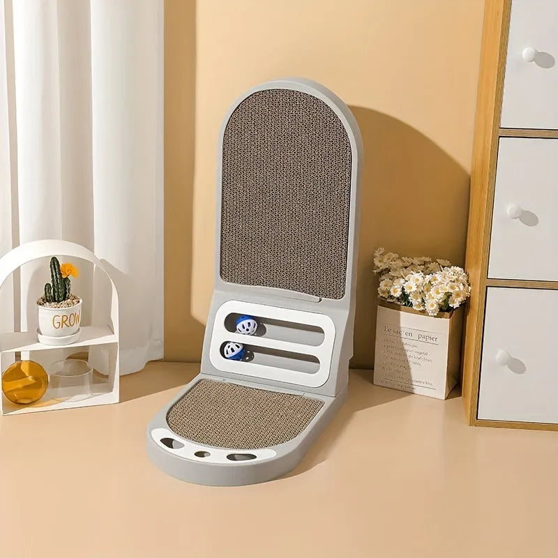 Grey L-shaped vertical cat scratching board made of corrugated cardboard on a wooden floor.