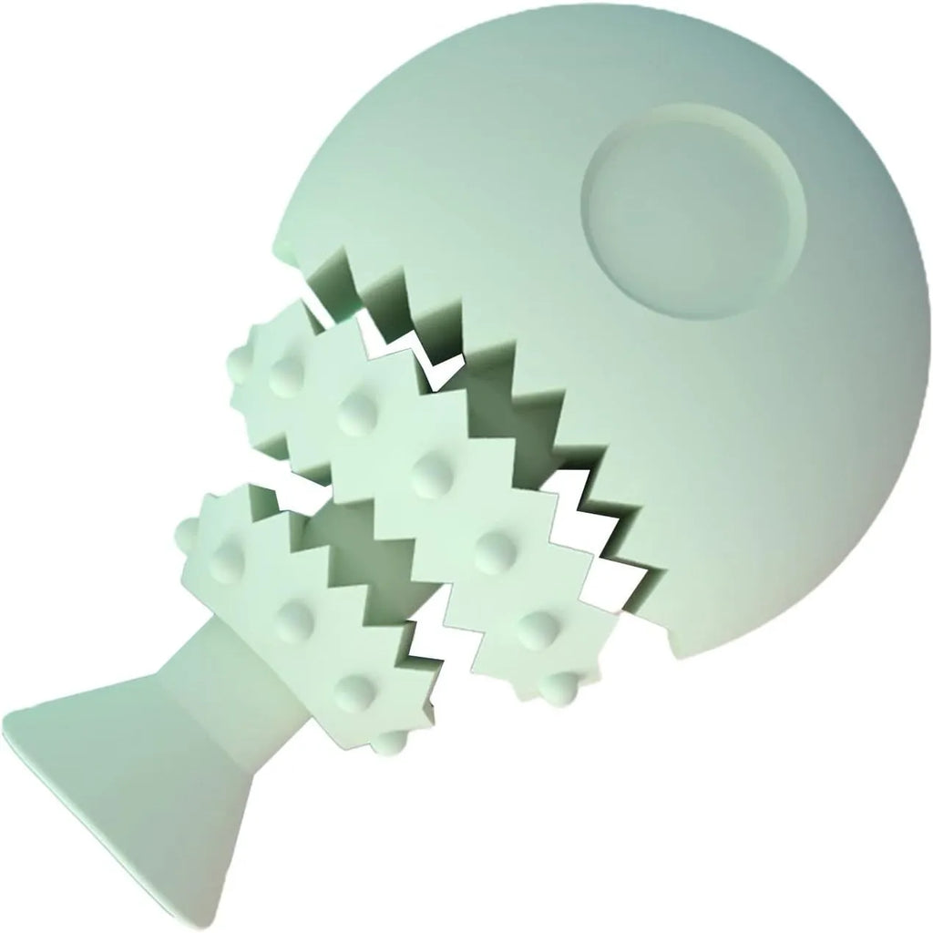 Blue fish bone shaped dog dental chew toy with a hole for treats.