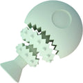 Blue fish bone shaped dog dental chew toy with a hole for treats.