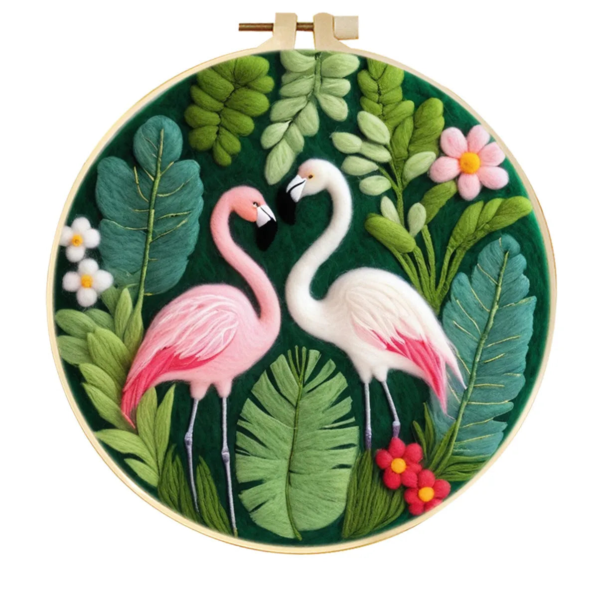 Round linen embroidery kit with wool felt pieces for 3D flowers and leaves, includes a free frame.