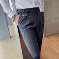 Men's straight-leg casual trousers in polyester fabric showing multiple solid colour options