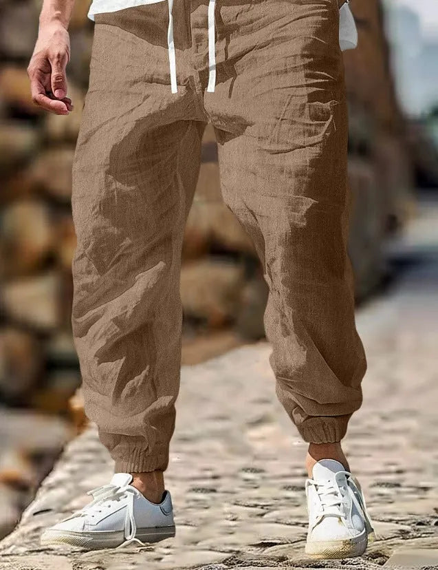 Men's elastic waist summer trousers in straight cut design showing army green colour option