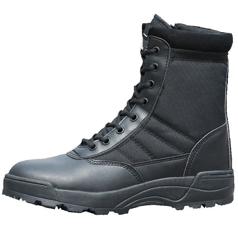 Desert combat boots in microfiber leather, black colour, side view with laced design
