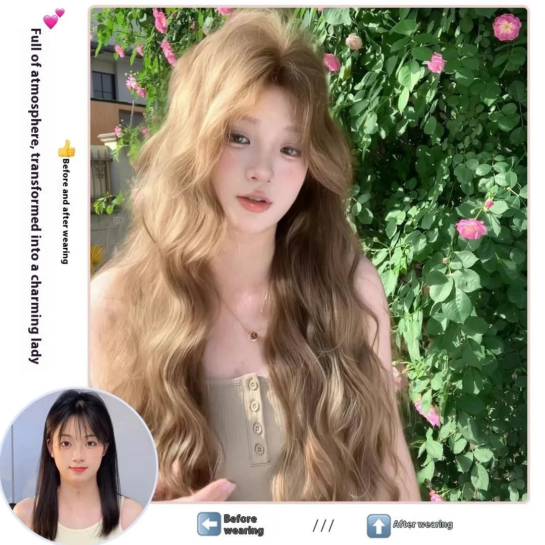 Brown synthetic curly wig of medium length with an attached hair net.