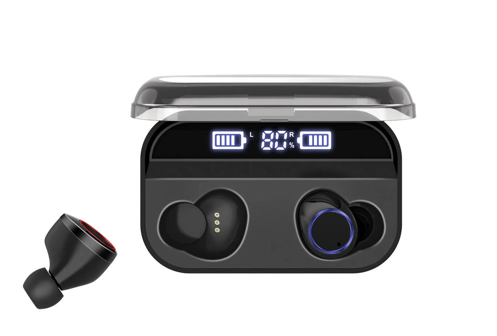 X11 black Bluetooth wireless earbuds with charging case showing touch controls and silicone ear sleeves