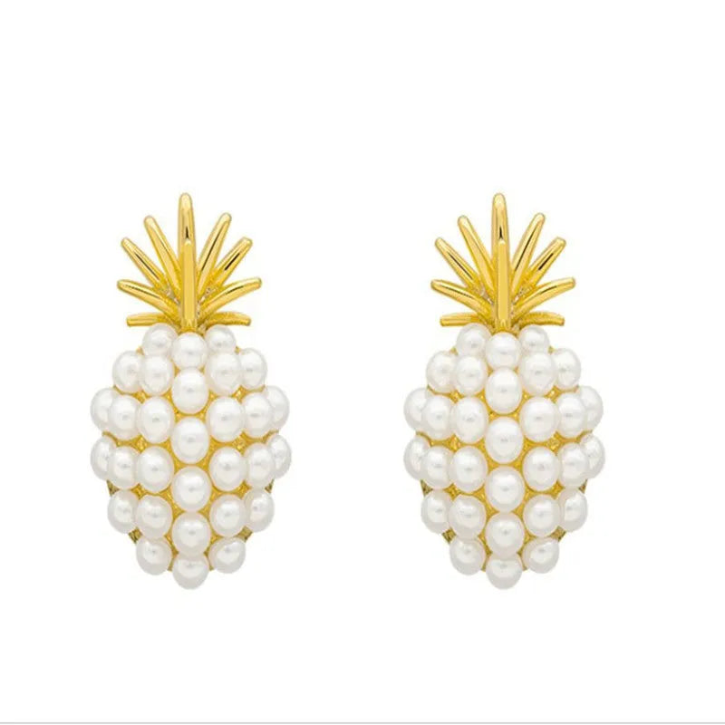 Korean-style alloy fruit earrings with inlaid stones in gold, pearl flower, silver, or starfish pearl finishes.