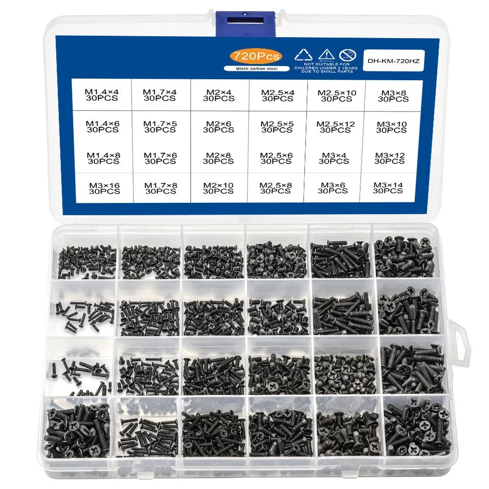 Bulk set of small black countersunk head machine screws for laptop repair on a white background.