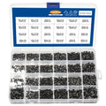 Bulk set of small black countersunk head machine screws for laptop repair on a white background.