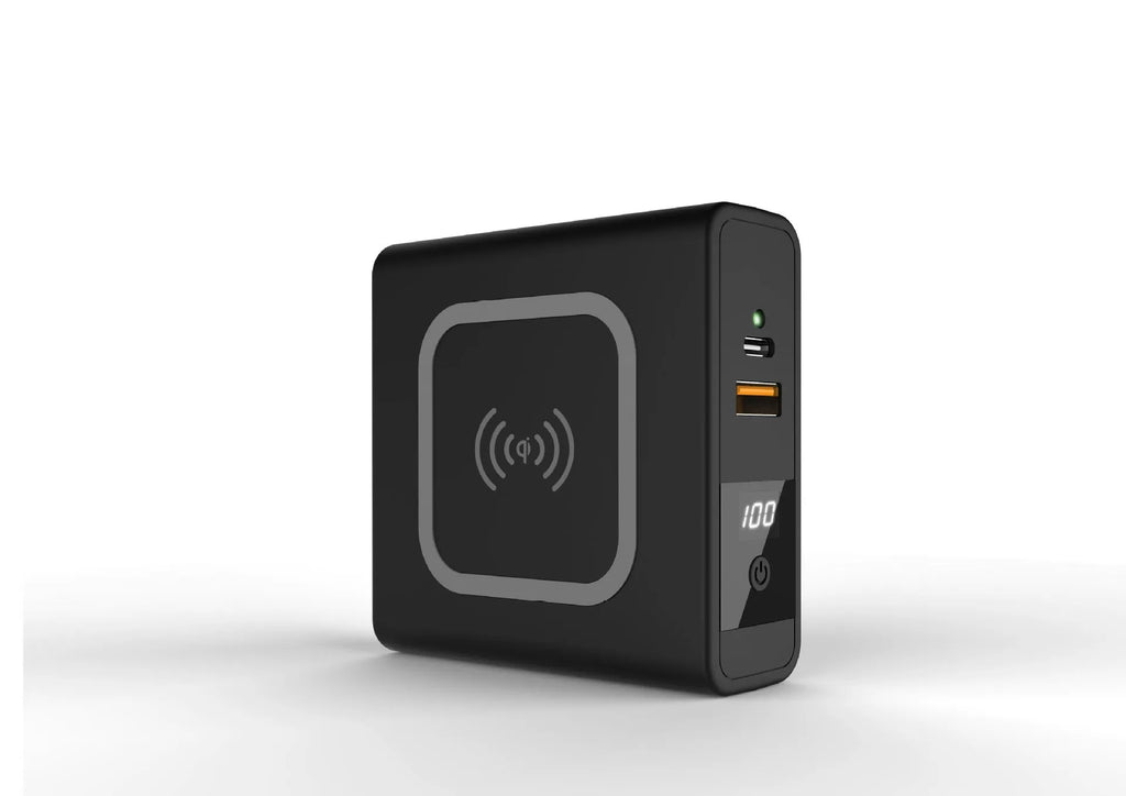 PD20W fast power bank with wireless charging and built-in plug in black or white colours