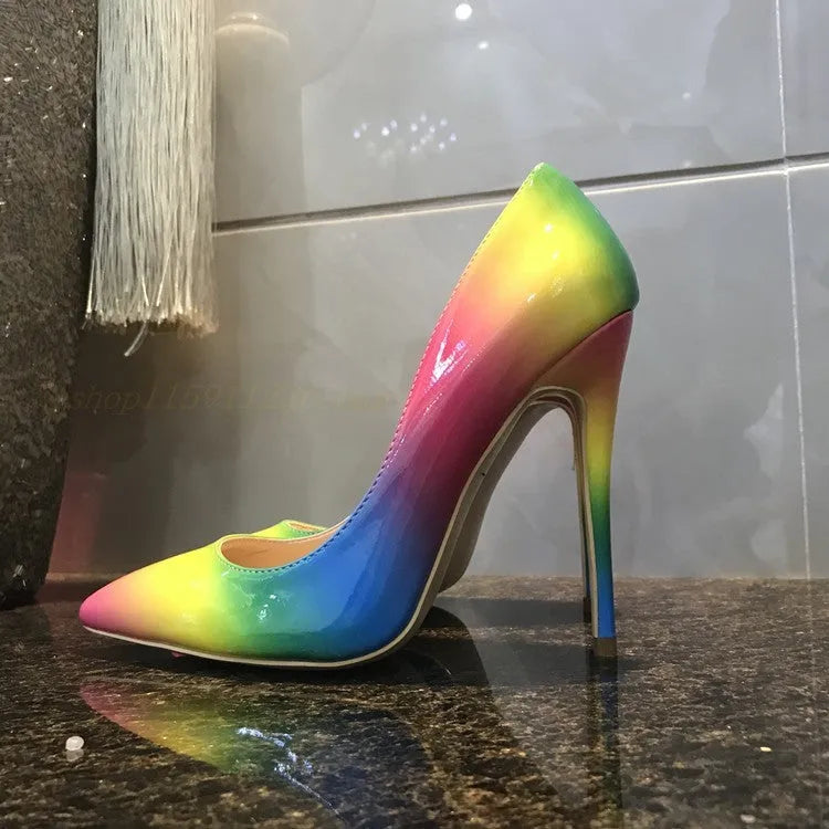 Rainbow glossy patent leather high heel shoes with pointed toe and thin ultra-high heel.