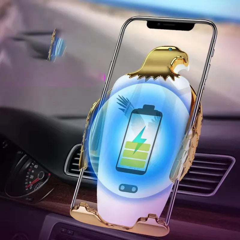 Wireless charging car phone holder with suction cup mount in black and gold colour combination