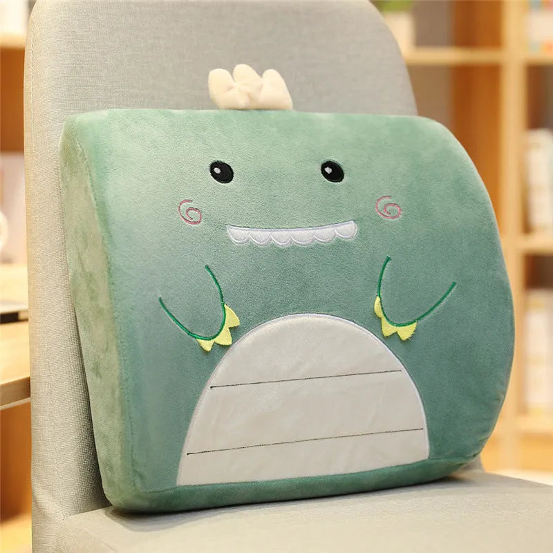 Car seat back cushion with removable memory foam core and cartoon print design options.
