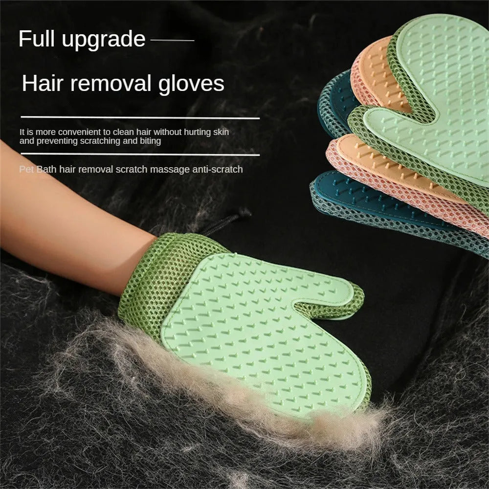 Right-hand pet grooming glove for hair removal and massage in dark blue, light green, or yellow