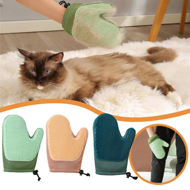 Right-hand pet grooming glove for hair removal and massage in dark blue, light green, or yellow