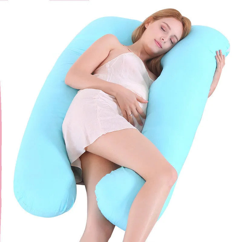 Large U-shaped pregnancy support pillow with removable cover in choice of fabrics.