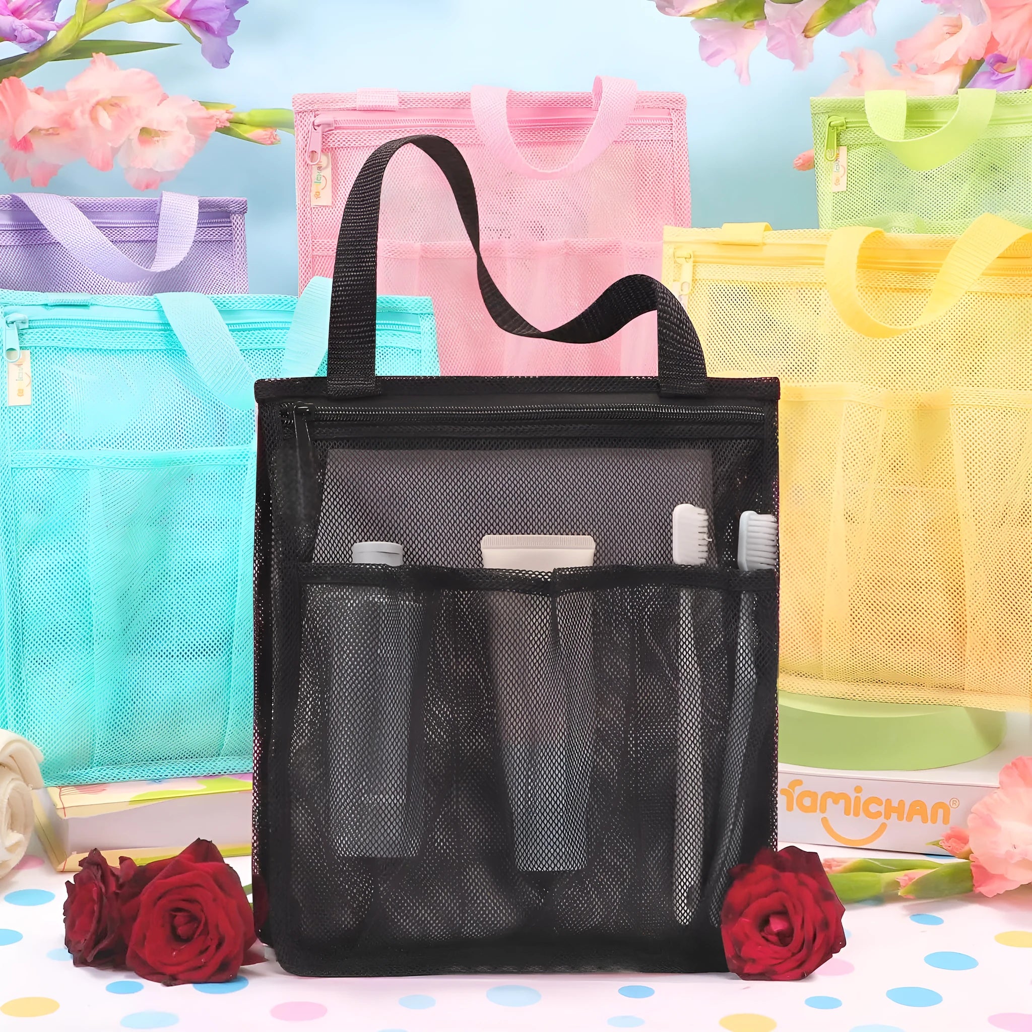 Black and pink large capacity swimming gym bag with dry wet separation compartments and mesh pocket
