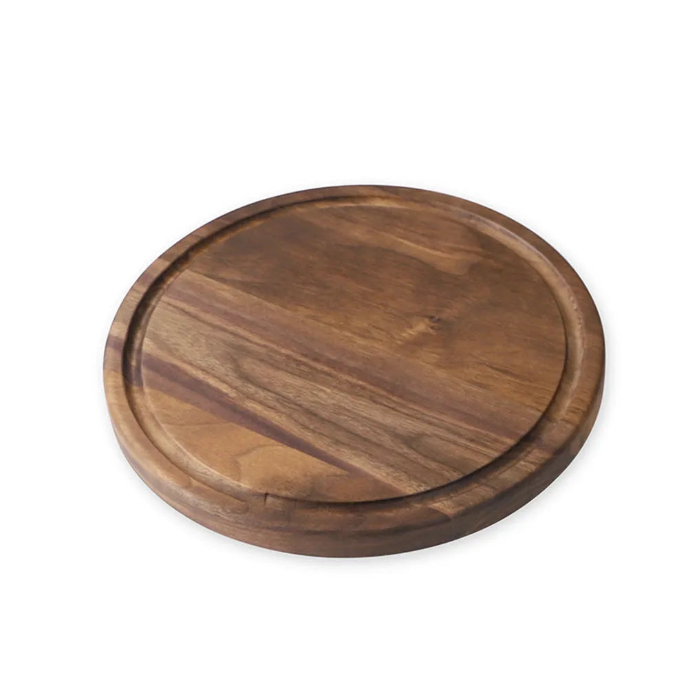 Black walnut wood cutting board with juice groove and side handle shown in three size options