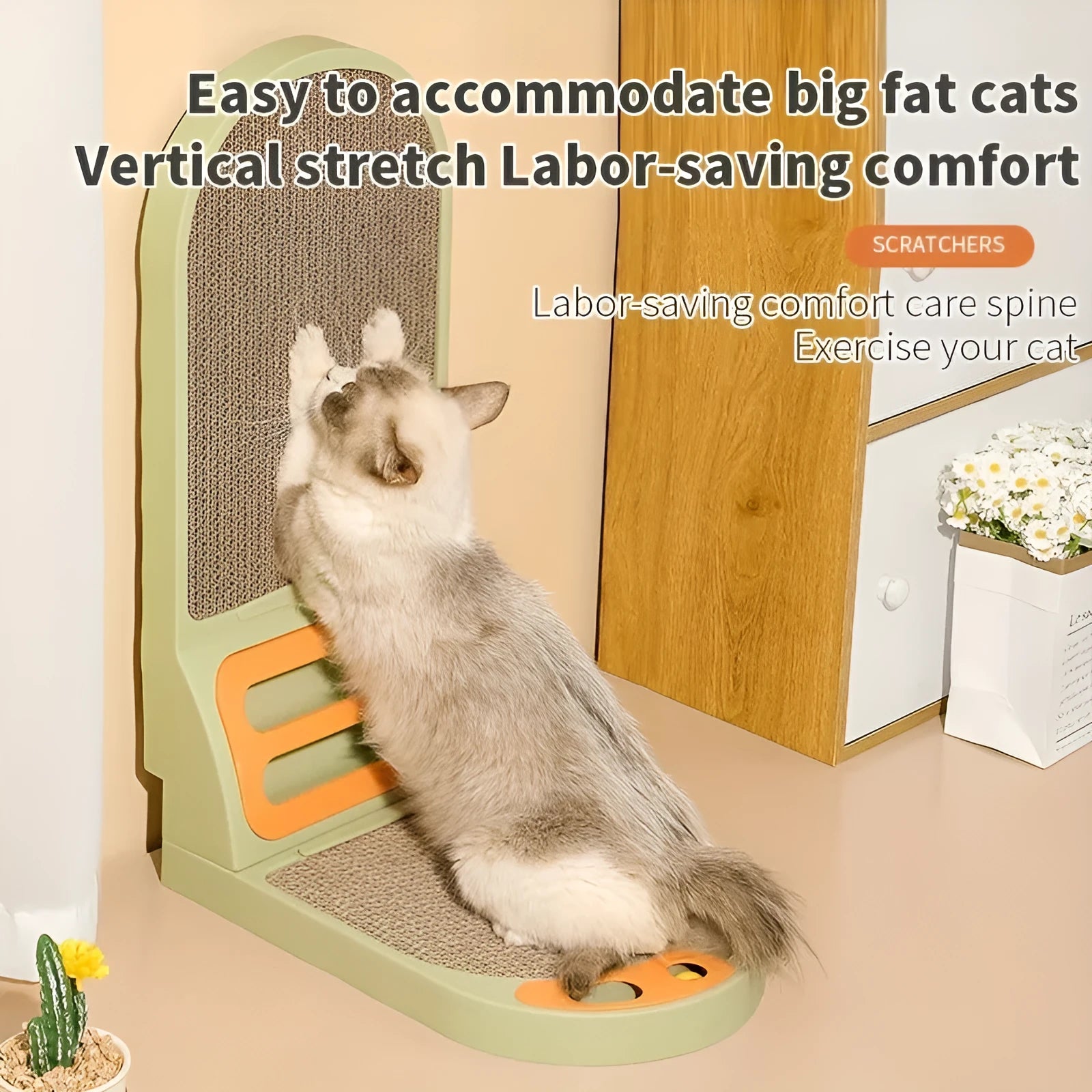 Grey L-shaped vertical cat scratching board made of corrugated cardboard on a wooden floor.