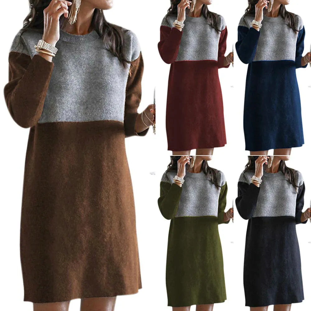 Brown women's patchwork sweater dress with long sleeves and round neck in retro art style
