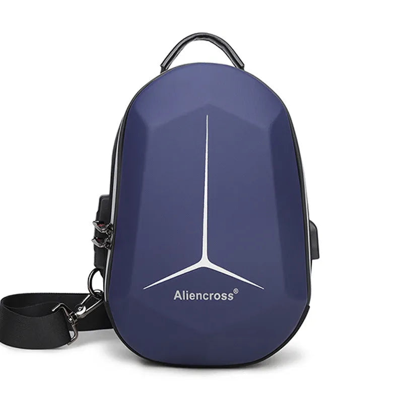 Waterproof Oxford cloth chest bag in black colour showing compact 20x10x30cm dimensions with chest strap
