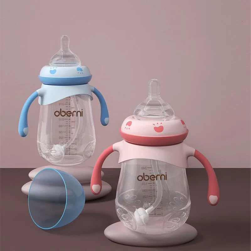 Wide caliber anti-colic baby bottle with handle in blue colour 300ml capacity