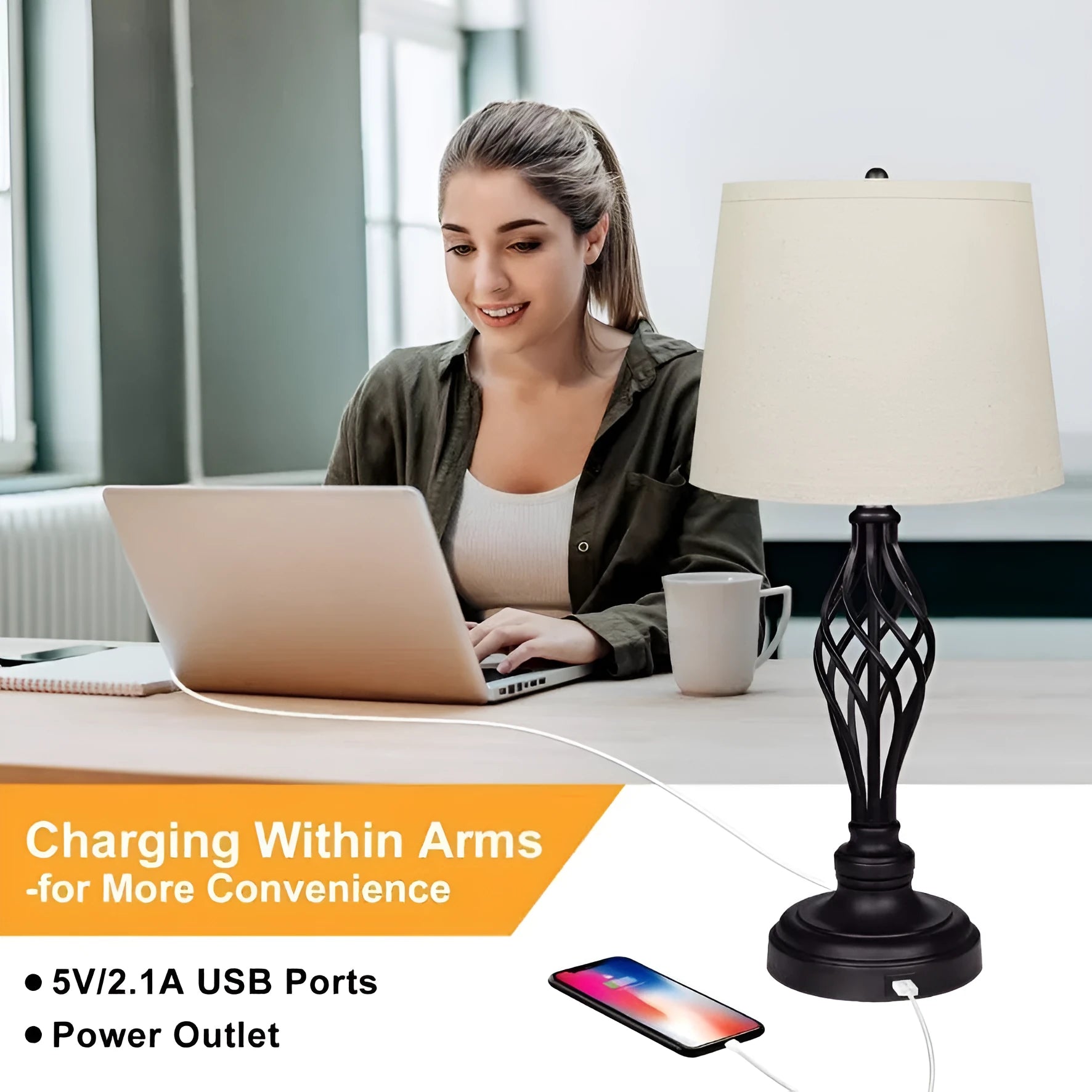 European style alloy bedside lamp with touch control and USB charging port