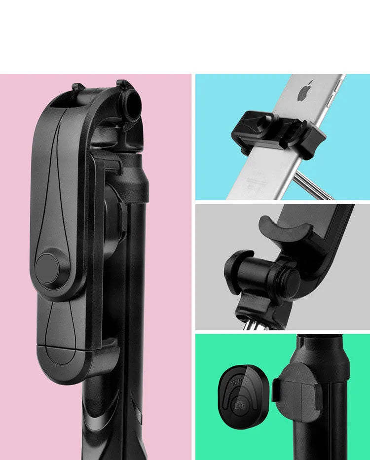 Bluetooth remote control mobile phone tripod stand extended with phone attached