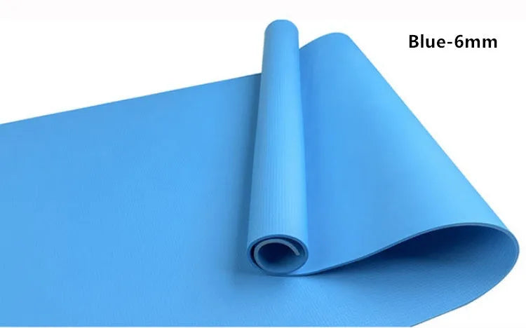 Red and blue EVA fitness yoga mats showing 4mm and 6mm thickness options on a wooden floor.