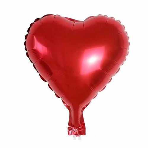 Five peach heart-shaped aluminium balloons in sparkling metallic colours: red, blue, rose, and silver.