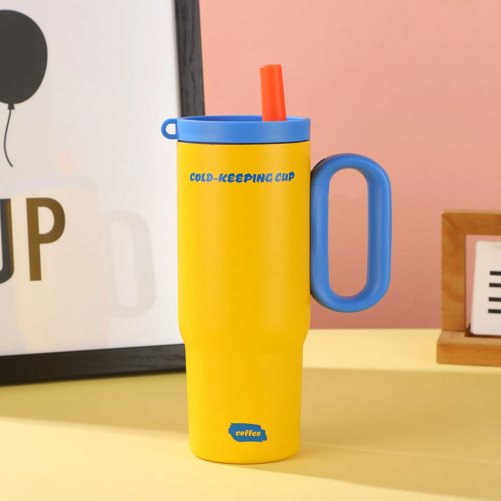 DIY Vitality large insulated straw cup with handle in black, pink, blue, white, or yellow.