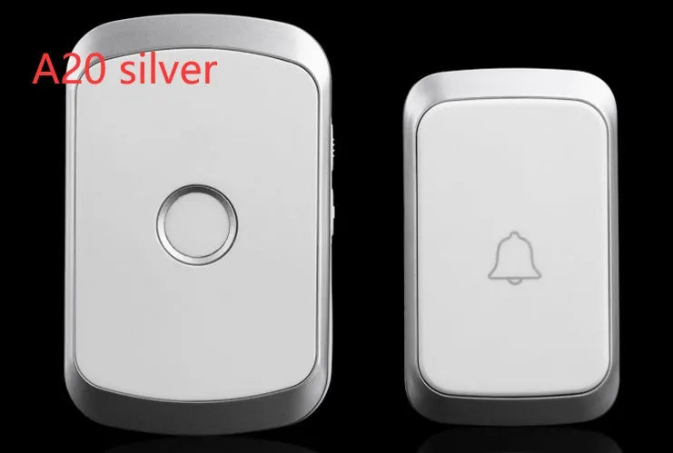 Wireless doorbell kit with plug-in receiver and battery-powered push button transmitter in black finish.