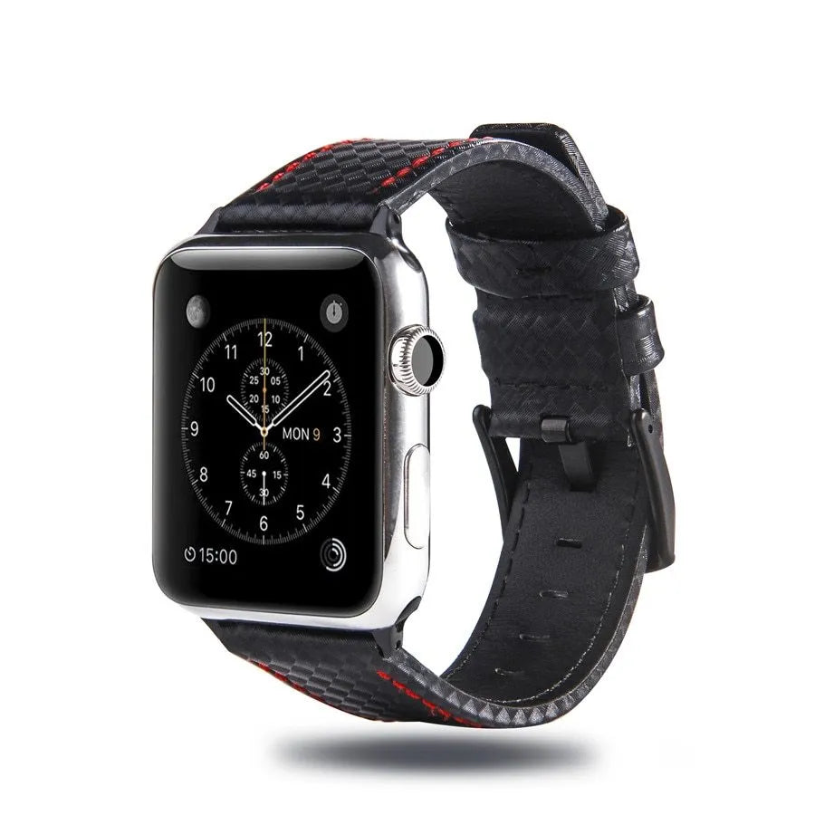 Carbon fibre pattern leather Apple Watch strap case in black, blue, orange, and red colour options.