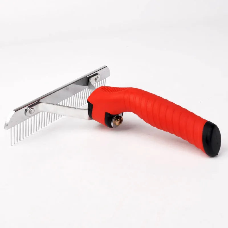 Large red dog comb with rubber handle and alloy steel teeth on surface