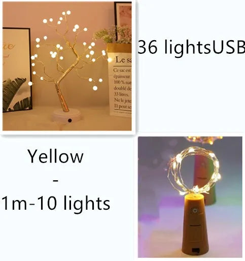 Copper wire LED string light with 20 bulbs and a white plastic bottle stopper for decoration.