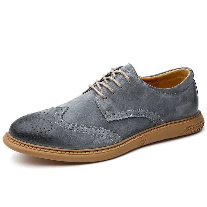 Men's grey genuine leather low-top business shoes with lace-up design and rubber soles