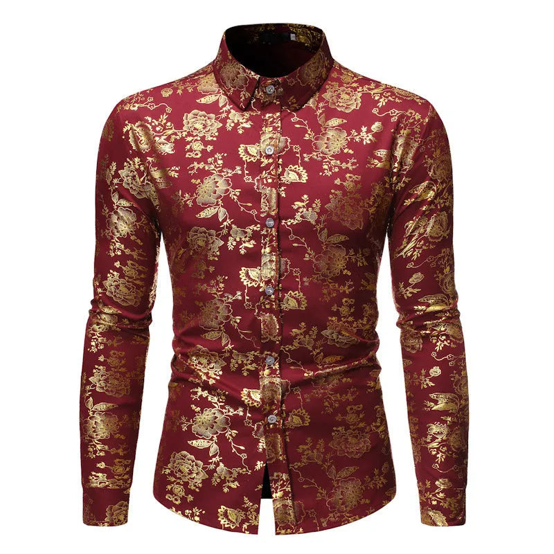 Men's long sleeve lapel cardigan shirt with metallic bronzing print on collar.