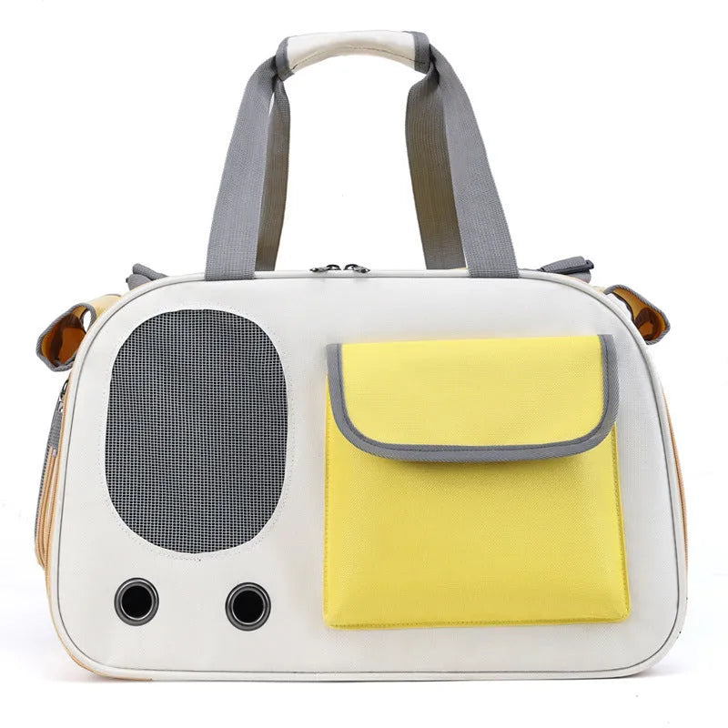A foldable single shoulder pet bag in canvas, shown in yellow, green, and black colour options.