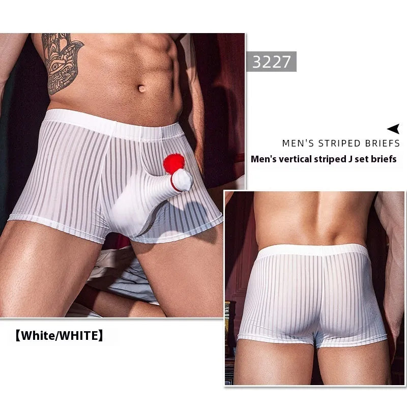 Men's striped nylon boxer briefs underwear in black colour showing vertical pattern and elastic waistband