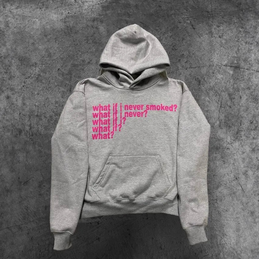 Black hooded sweater with white letter print design on front, showing pullover style with regular sleeves