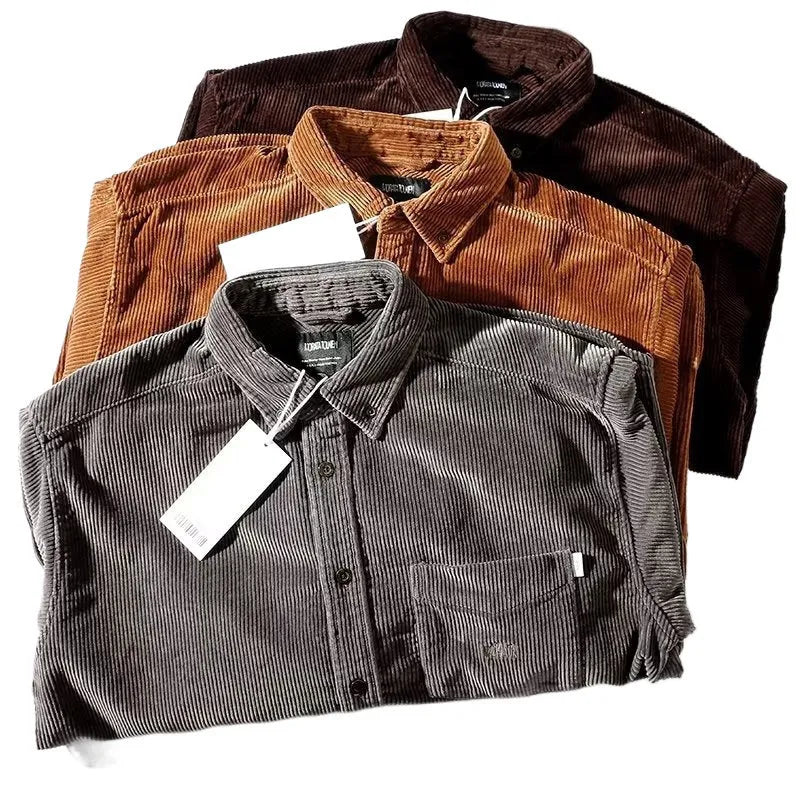 Long sleeve loose corduroy shirt in caramel colour with cardigan style for youth leisure wear.