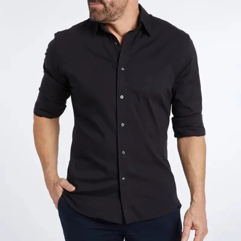 Long sleeve zipper shirt with button lapel in solid colour, slim fit, cotton four-sided elastic fabric for men