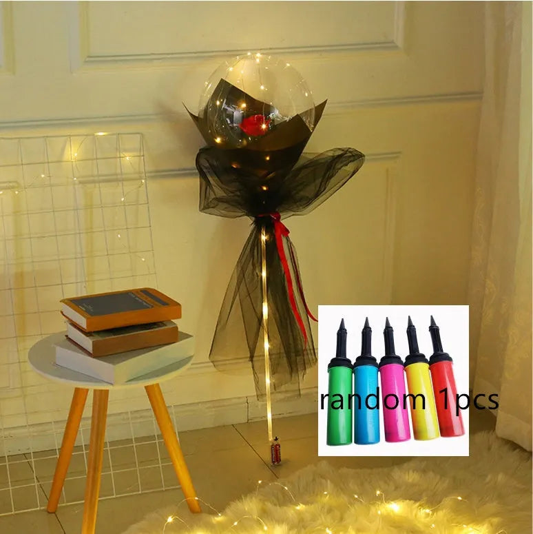Transparent round LED luminous balloon rose bouquet with artificial flower and lights for DIY assembly