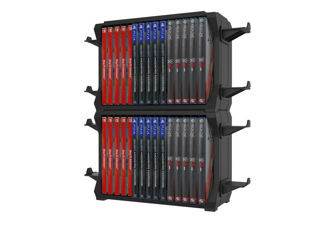 Black PS5 and Xbox Series X disc holder with integrated controller stand organising game cartridges