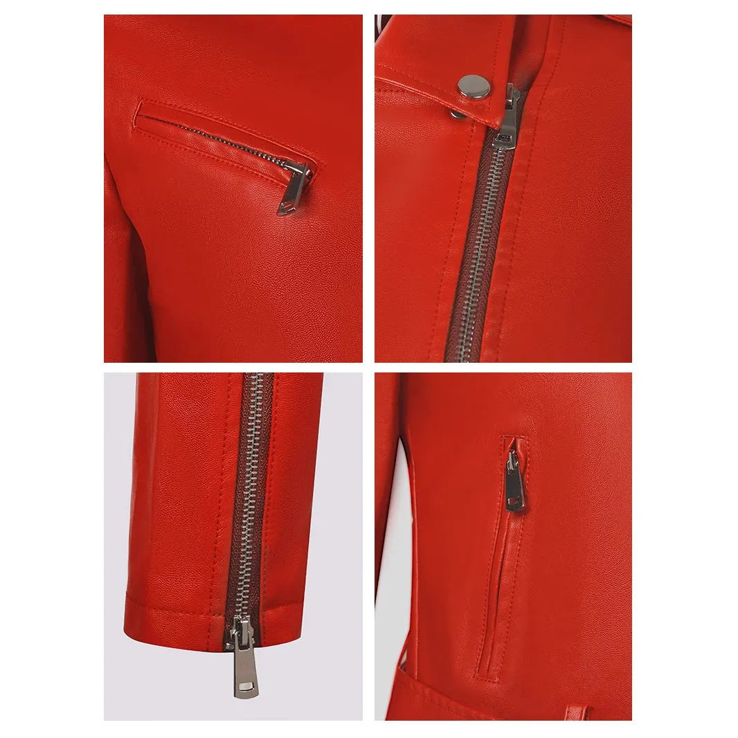 Women's black PU leather motorcycle-style jacket with a lapel short belt fastened at the waist.
