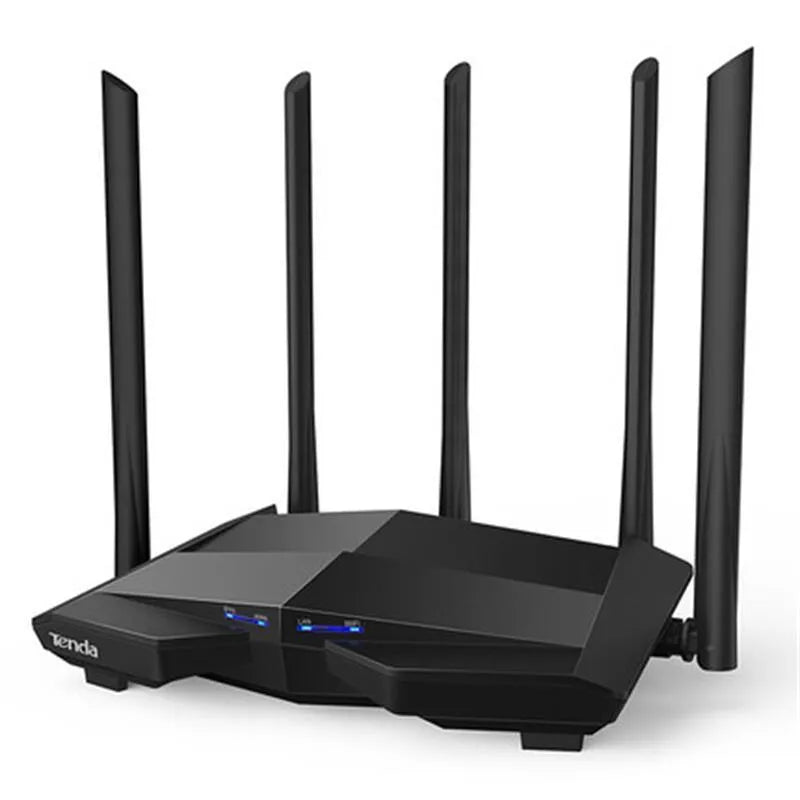Black AC11 wireless router with four gigabit ports for high-speed broadband.