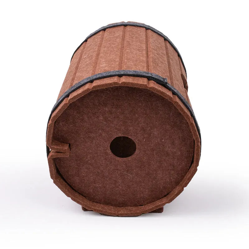 Assembled wine barrel shaped cat bed made from polyester felt panels