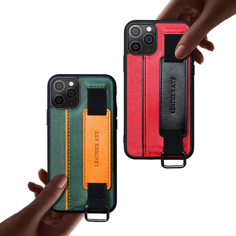 Imitation leather phone case with wristband and adjustable bracket in brown colour for iPhone
