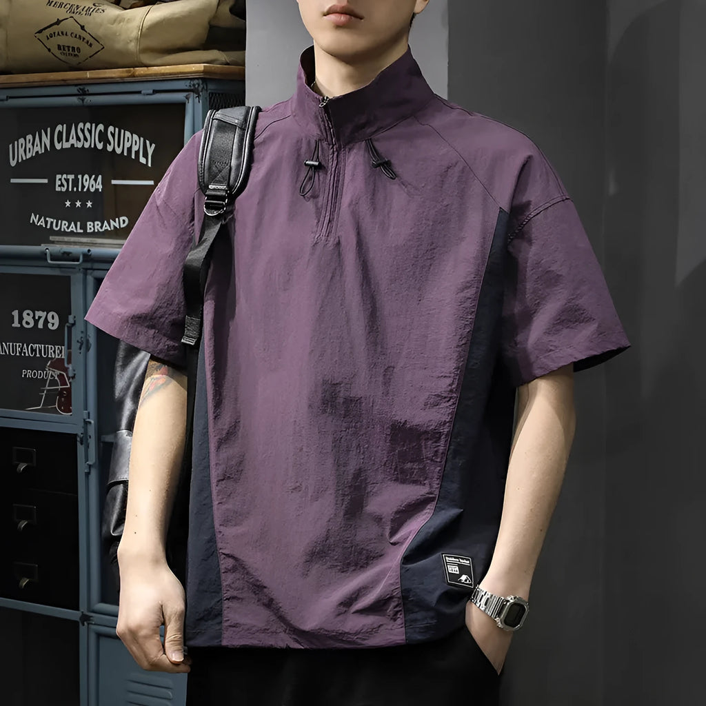 Men's brown half-zip stand collar business casual shirt with short sleeves and Ice Silk fabric texture