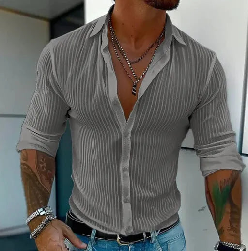 Men's striped cardigan shirt with long sleeves in loose fit British style for summer wear