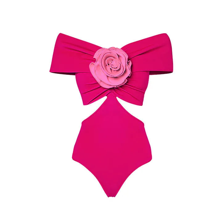 Women's floral decoration hollow-out one-piece swimsuit with matching skirt in quick-drying polyester fabric